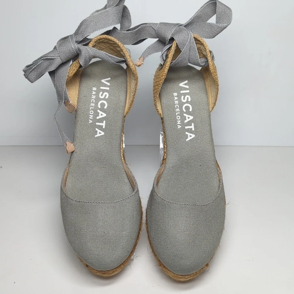 Viscata Sagaro Gray canvas espadrille wedge w/ ankle ties woman size 5.5-6 EU 36